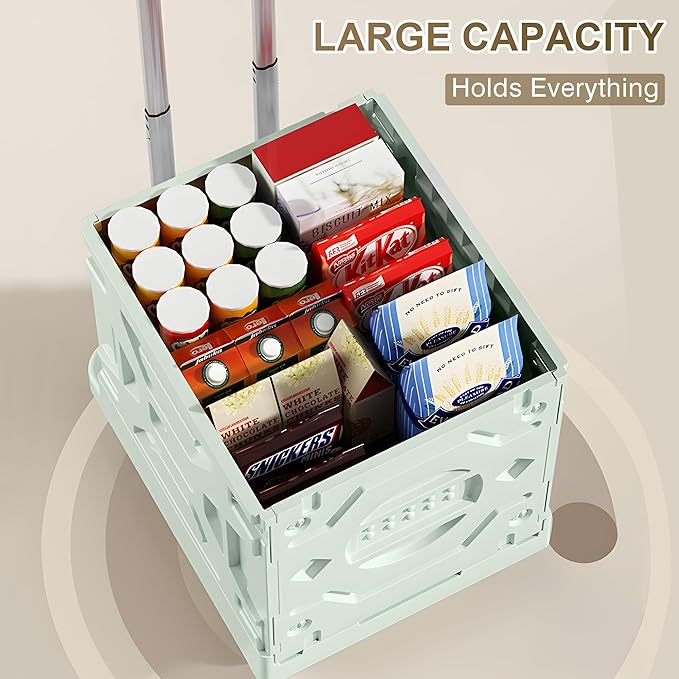 VECELO Rolling Carts with Wheels, Foldable Utility Cart, Light Weight Platform Trucks Dolly, with Recessed Design for Lids, 4 Heavy Duty Wheels, Ideal for Shopping, Camping, Teachers, Mint Green