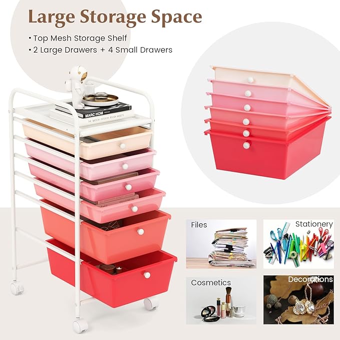 COSTWAY 6-Drawer Rolling Storage Cart, Multifunctional Art Craft Tools Organizer on Wheels, Heavy Duty Utility Mobile Storage Trolley w/ 2 Lockable Wheels for Home Office School, Mixed Pink