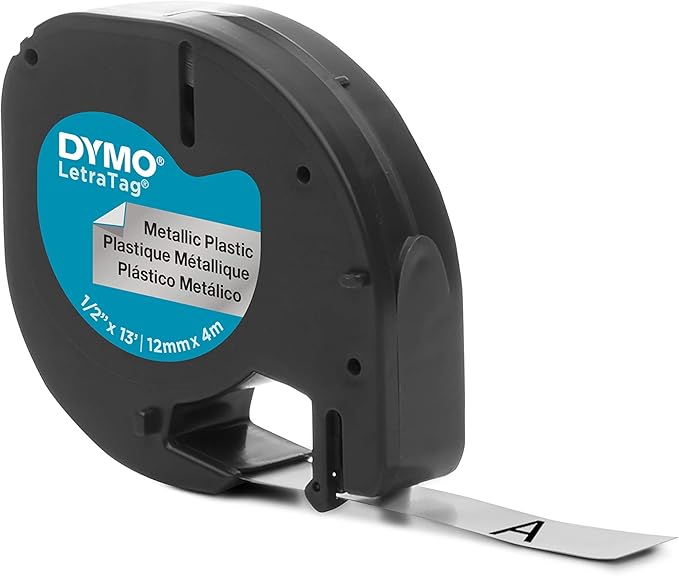 DYMO LetraTag Labeling Tape for LetraTag Label Makers, Black print on Metallic Silver tape, 1/2'' W x 13' L