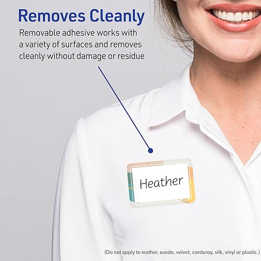 Avery Printable Adhesive Name Badges, 2-1/3" x 3-3/8", Pre-Printed Color Block with Metallic Gold Veins Design, Matte White, Laser & Inkjet Compatible, 80 Total