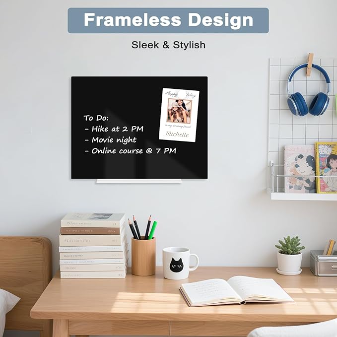 Magnetic Glass Whiteboard for Wall, 16" x 12" Glass Dry Erase Board, Frameless White Board for Home and Office - Black