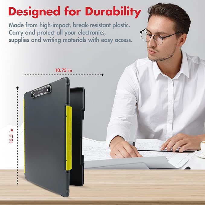 Dexas Legal Size XL Slimcase 2 Storage Clipboard, Gray with Yellow Clip, 15.5" x 10.5"