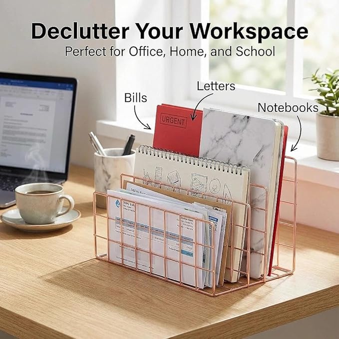 Simmer Stone Gold Letter Sorter Organizer for Desk, Premium Plated Metal Mail Holder with 3 Upright Slots, Ultra-Stable & Non-Wobbling Desktop Organizer for Envelopes, Documents, Palettes 9.5“ x 4.7 ”