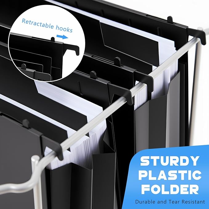 5 Pcs Plastic Extra Capacity Hanging File Folders, 5 Inch Expanding Pocket with Movable Dividers, Letter Size Black File Folders with Insertable Tabs for Filing Cabinet
