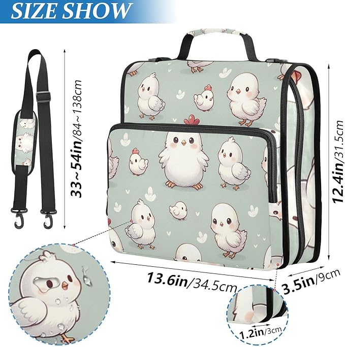Cute Animal Chicken Farm Zipper Binder Bag 3 Ring Binder with Shoulder Strap Zip Up 500 Sheets Capacity Multi Pockets for School Office Supplies