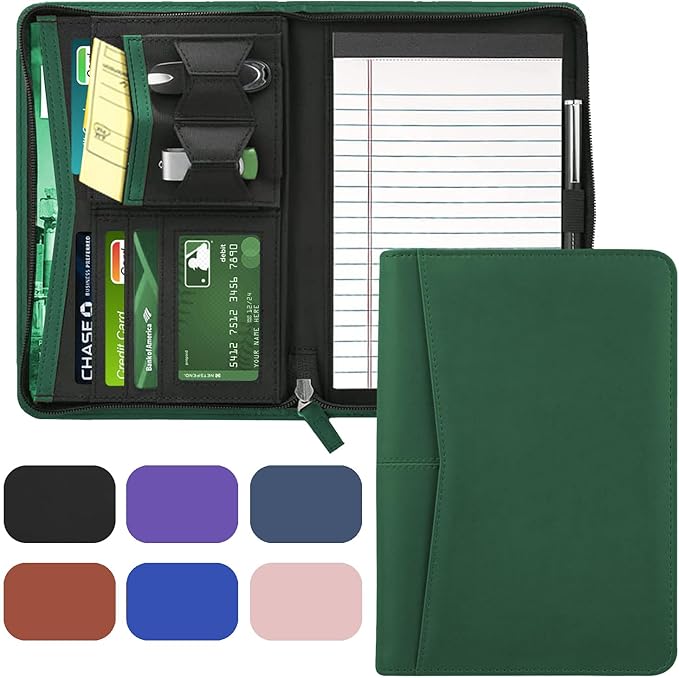 Junior Padfolio Portfolio with 5 x 8 Writing Pad, A5 Business Portfolio Binder Folder Organizer Multi-Function Combination Case for Men Women, Dark Green