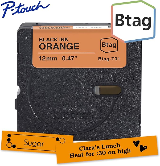 Brother Genuine P-Touch Btag BTAGT31 Black on Orange Label Tape ~1/2in by 13.1ft (12mm x 4m). (Works Only with Brother PT-N10, PT-N20, PT-N25BT Label Makers)