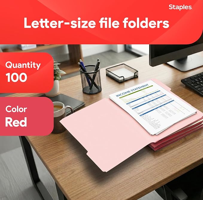 Staples File Folders, Letter Size, 1/3‑Cut Tabs, Red, Durable 10.5‑Point Paper Stock, 100/Pack
