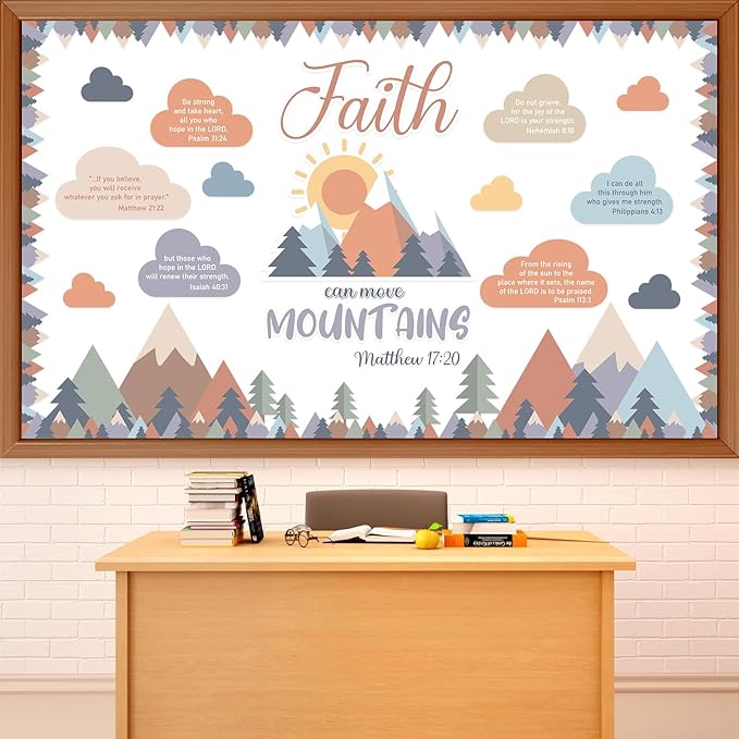gisgfim 40Pcs Faith Can Move Mountains Bulletin Board Set Moving Mountains Bulletin Board Decor Religious Inspirational Cutouts VBS Vacation Bible School Cutouts for School Classroom Wall Decor