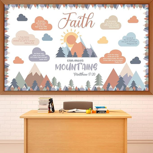 gisgfim 40Pcs Faith Can Move Mountains Bulletin Board Set Moving Mountains Bulletin Board Decor Religious Inspirational Cutouts VBS Vacation Bible School Cutouts for School Classroom Wall Decor