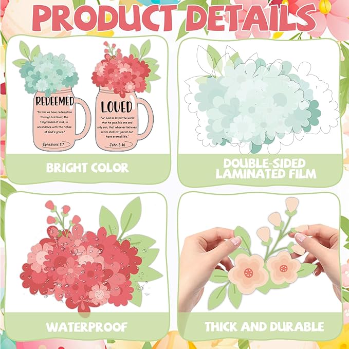 Spring Christian Religious Bulletin Board Set Christian Floral Classroom Decorations Colored Flowers and Vases Bookshelf Paper Cutouts for Sunday School Church Office Home Chalkboard Wall Door Decor