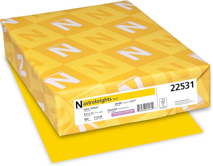 Neenah Wausau Paper 22531 Astrobrights Color Paper, 8.5” x 11”, 24 lb / 89 GSM, Solar Yellow, 500 Sheets