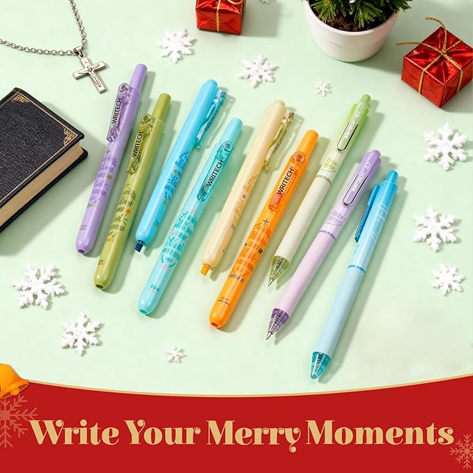 WRITECH Bible Mate Journaling Set: No Bleed Bible Highlighters & 0.7mm Black Ink Ballpoint Pens, Fast-Drying Ink, Pastel Colors Highlighter, Journaling Kit, 9ct