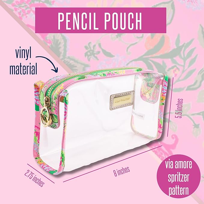 Lilly Pulitzer Clear Zipper Pouch, Cute Pencil Case for Adults, Travel Toiletry Bag, Small Pouch Bag for Supplies, Makeup or Toiletries (Via Amore Spritzer)