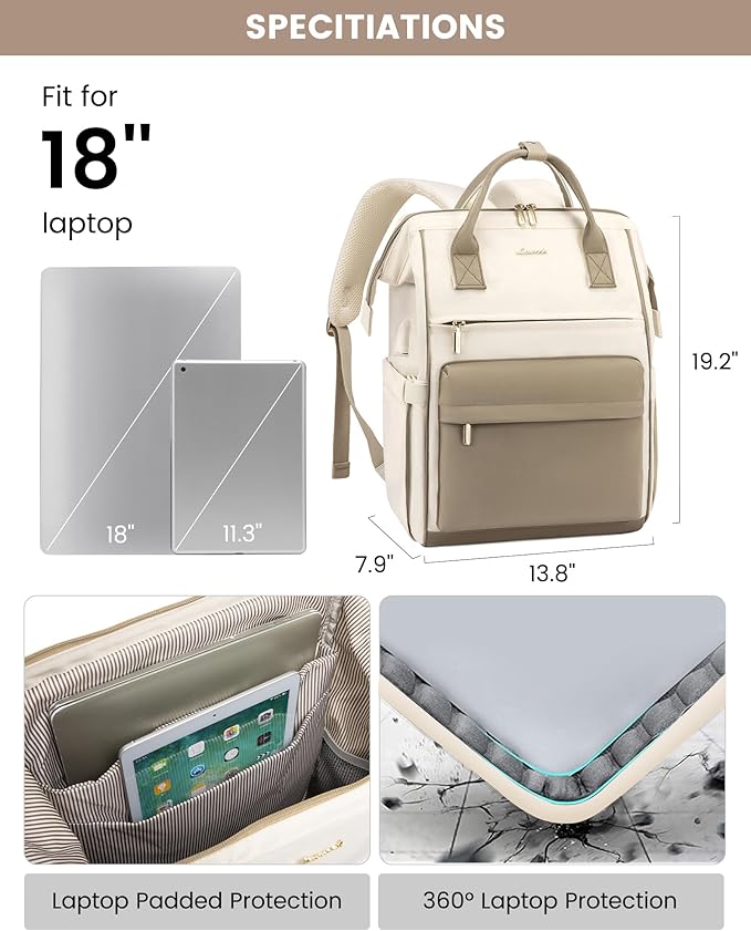 LOVEVOOK Laptop Backpack for Women, 18 Inch Work Teacher Nurse Bag, Large Capacity Business Computer Backpack Purse with USB Port, Stylish Casual Daypack for Travel,Beige&Khaki