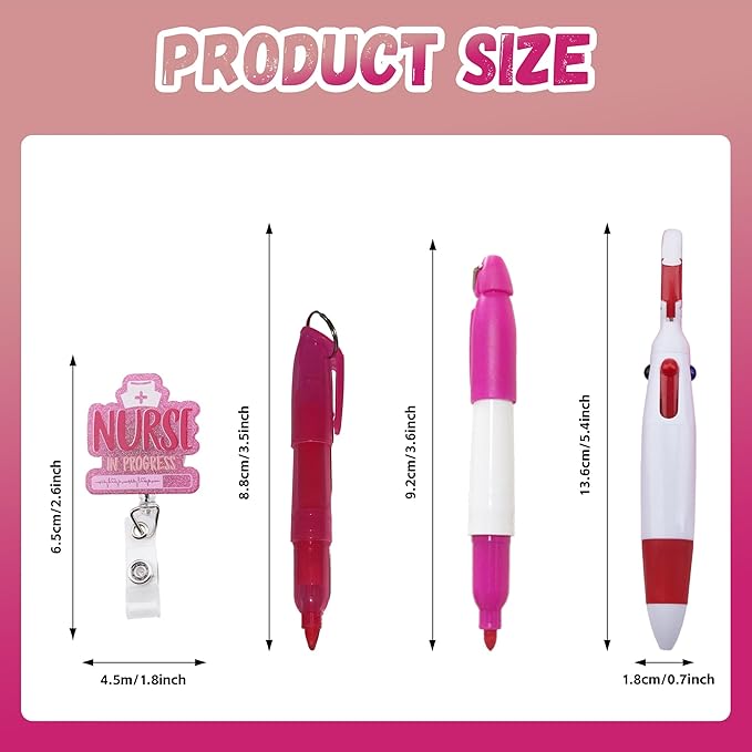 Student Nurse Pen Set Badge Reel Holder Accessories Clip, Retractable Mini Nursing Pen & Light Tool Set， Highlighter pens and Highlighter pens（Pink）