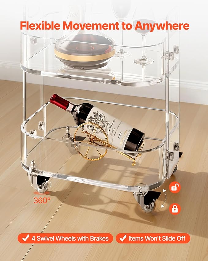 VEVOR Acrylic Bar Cart with 4 Lockable Wheels, Clear Mobile Utility Rolling Cart, Multifunction Serving Cart for Home Bar, Kitchen, Bathroom, Living Room, with Pulling Handle, 2-Tier, Modern