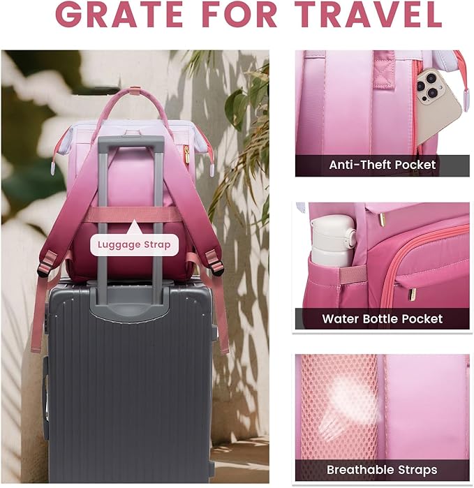LOVEVOOK Gradient Laptop Backpack for Women,15.6 Inch Work Computer Bakcpack Purse Laptop Bag With Anti-Theft Pocket,Waterproof Carry on Teacher College Backpack for Travel,Pink-White
