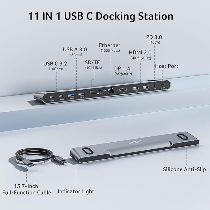 Acer Docking Station 3 Monitors, 11-in-1 Laptop Docking Station Stand with DP 8K + Dual HDMI 4K@60Hz, Ethernet, 10Gbps Data, 100W PD, SD/TF, USB C Dock with Detachable Cable for Acer/Dell/Mac/HP