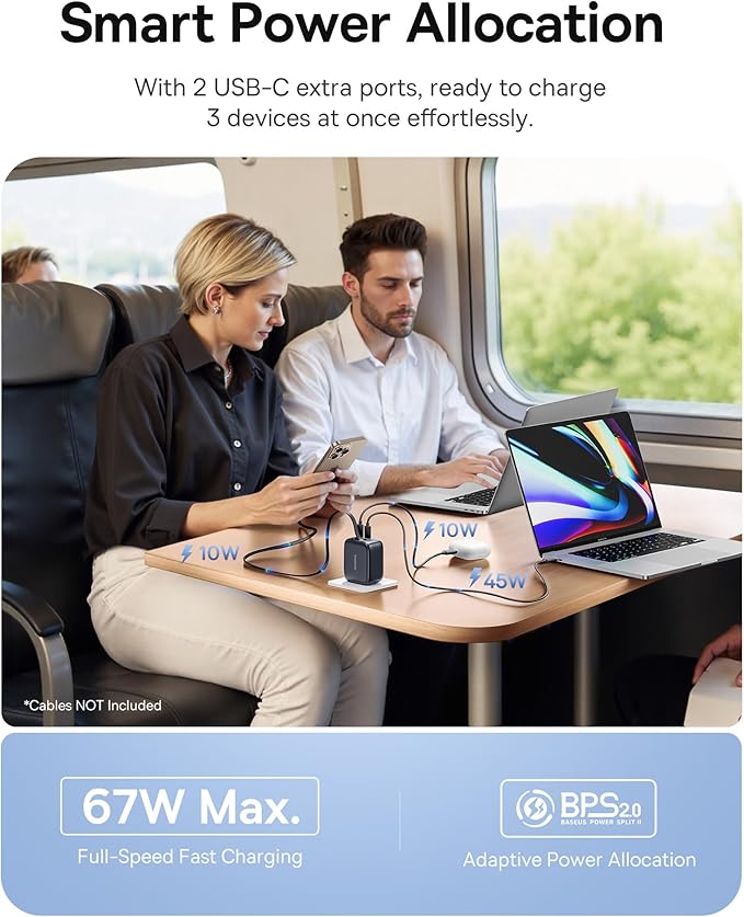 Baseus Retractable USB C Charger, 67W 3 in 1 Fast Charging Block with Foldable Plug, Enercore CJ11 PD/PPS for Galaxy S25/iPhone 17/16/15 Series/MacBook Air/Airpods 4