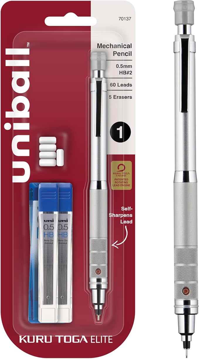 uniball Kuru Toga Elite Mechanical Pencil Starter Kit, 0.5mm, HB #2, Silver Barrel, 1 Pack