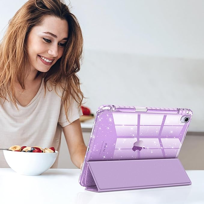 Fintie Slim Case with Pencil Holder for iPad Air 11-inch M4/M3/M2 (2026/2025/2024), iPad Air 5th (2022) / 4th Generation 10.9 Inch - Glittering Sparkly Cover with Shiny Clear Back Shell, Purple