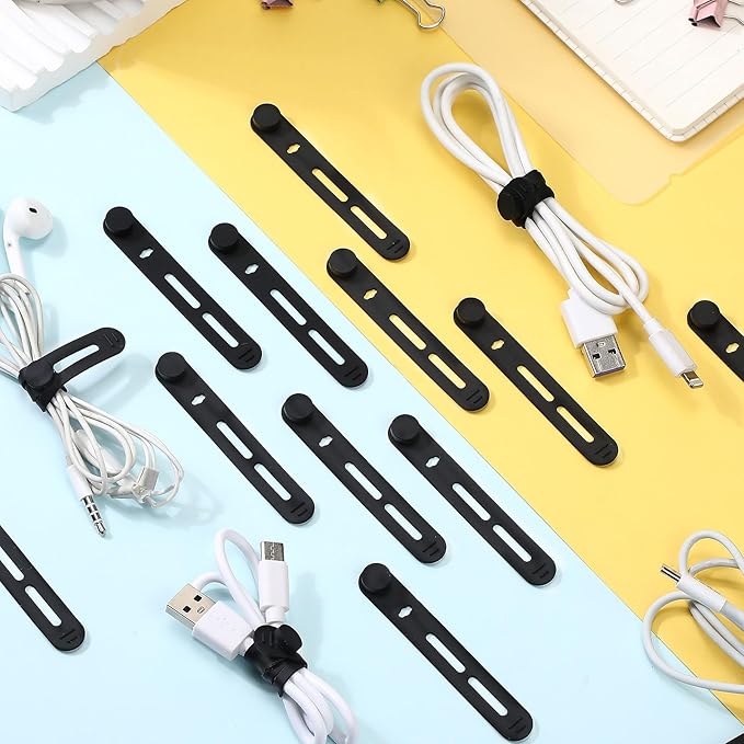 42 Pcs Silicone Cable Ties Reusable Cord Straps Multipurpose Elastic Cable Organizer for Bundling Fastening Earphone Phone Charger Home Office School(Black,3.15 Inch)