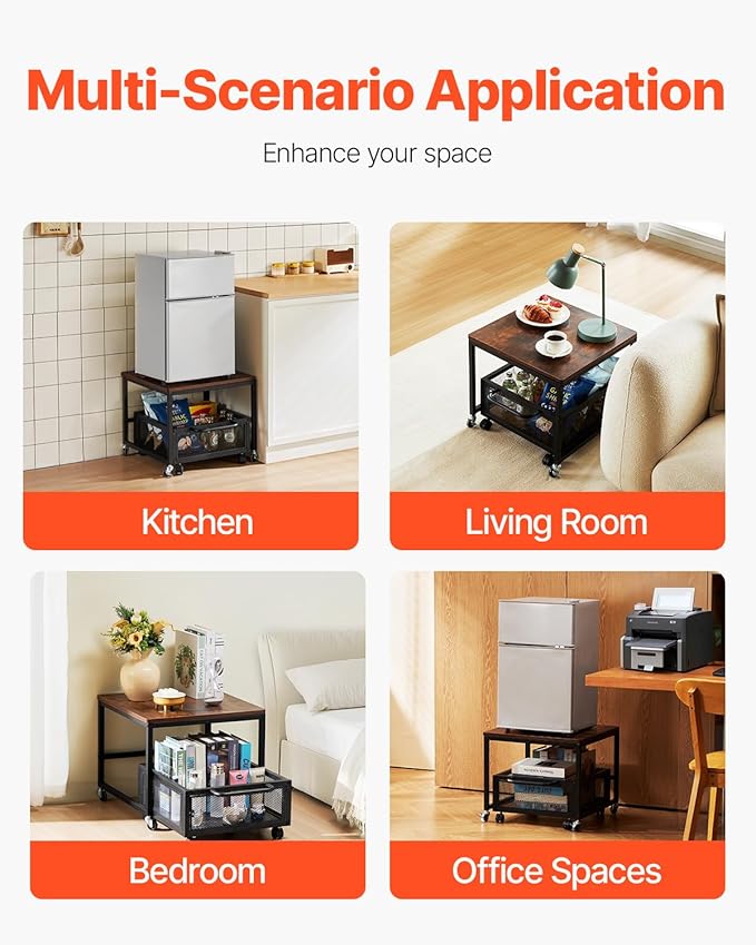 VEVOR Mini Fridge Stand with Storage, 198 lbs Mini Fridge Table with Movable Storage Cart & Swivel Wheels, Beverage Refrigerator Stand for Coffee Bar, Mini Fridge Organizer for Home Dorm, Dark Brown