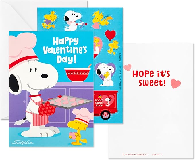 Hallmark Peanuts Valentines Day Cards and Stickers for Kids School, Snoopy and Lucy (24 Classroom Valentines with Envelopes)