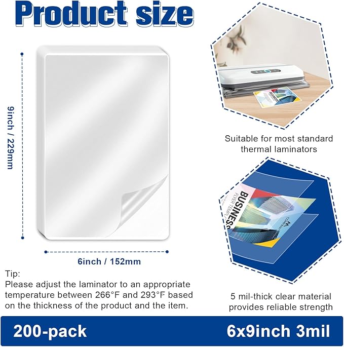 200 Pack 3 mil Lamination Pouches 6" x 9" Clear Laminating Pouches File Card Laminating Pouches Thermal Laminate Pouch Tags for Work Permits Pass Cards Student ID Cards