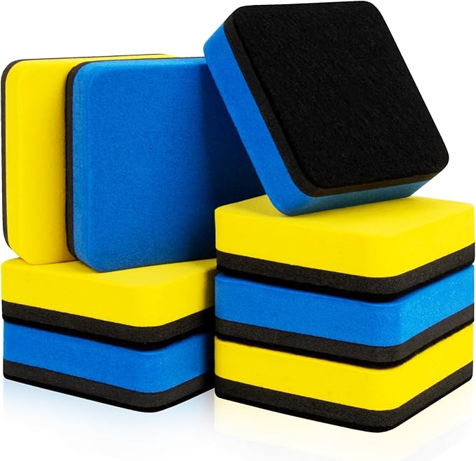 MAQIHAN Mini Dry Erase Erasers - 8Pack Magnetic Whiteboard Eraser for White Board, Chalkboard, Refrigerator, 2x2 Reusable Dry Erase Cleanser for Classroom,Office,Home, Blue & Yellow Teacher Supplies