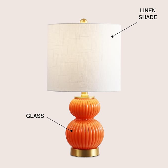JONATHAN Y 20" Orange/Brass Gold Ribbed Gourd Glass Table Lamp, Modern Bedside Lamp for Bedroom Living Room, White Linen Drum Shade, LED Bulb Included (JYL1099E)