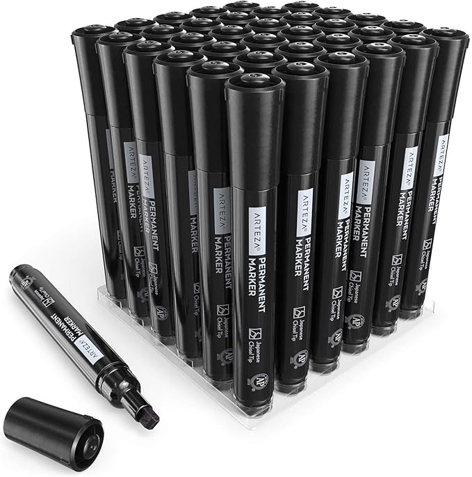 ARTEZA Permanent Markers, Set of 36, Black, Chisel Tip, Waterproof