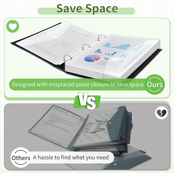 Sooez 12 Pack Space-Saving Binder Folders, Heavyweight Pockets, Clear Envelopes, Side Loading Organizer