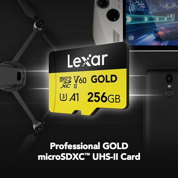 Lexar 256GB Professional Gold Micro SD Card, UHS-II, C10, U3, V60, A1, Full HD, 4K, Up to 280/180 MB/s microSDXC Memory Card, for Drones, Action Cameras, Portable Gaming Devices (LMSGOLD256G-BNNNG)
