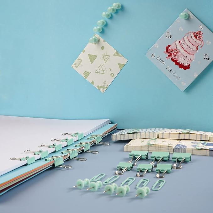 97 PCS Office Supplies for Women, Paper Clips, Binder Clips and Push Pins Set, Paperclips Thumb Tacks School and Home Desk Supplies, Desk Organized (Green)