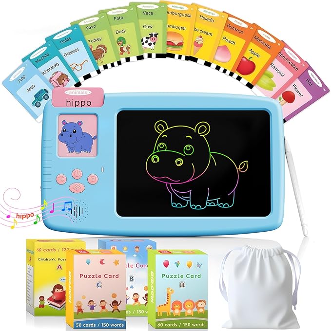 Talking Flash Cards for Toddlers: 2-in-1 LCD Writing Tablet with 510 Sight Words, Montessori Language Learning, Autism & Speech Therapy Toys for Children Ages 1-6, Blue