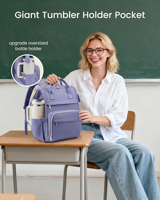 LOVEVOOK Laptop Backpack for Women with Giant Tumbler Holder Pocket,17 inch Waterproof Travel Backpack Purse Computer Laptop Bag,Professional Work College Nurse Teacher Backpack Daypack,Grayish Blue
