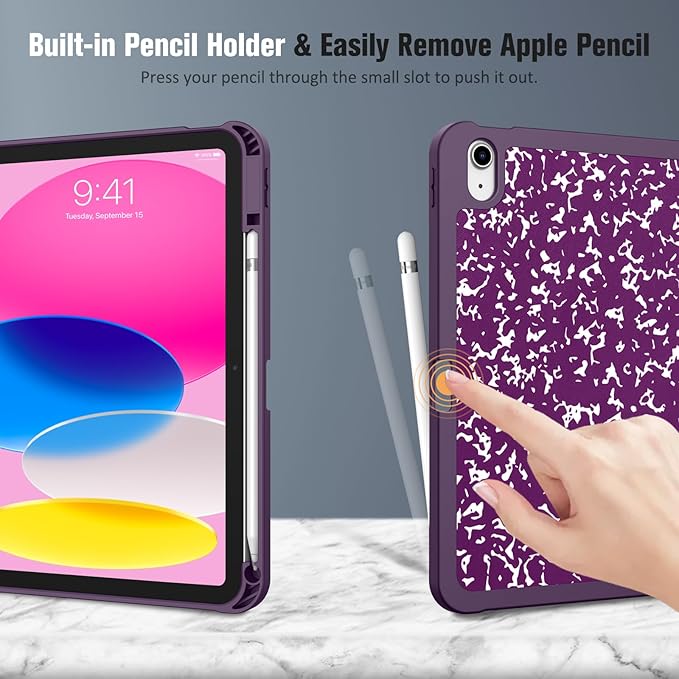 Fintie SlimShell Case for iPad (A16) 11th Generation 11 Inch (2025), iPad 10th Generation 10.9 Inch (2022) - Flexible Soft TPU Stand Back Cover with Pencil Holder, Composition Book Purple