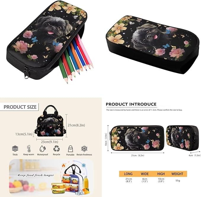 Pekingese Kids School Bookbag 3 in 1 Set for Boys Girls, Kids Backpack with Lunch Box Pencil Case, Lightweight Girls Backpack for Elementary Middle School, Black