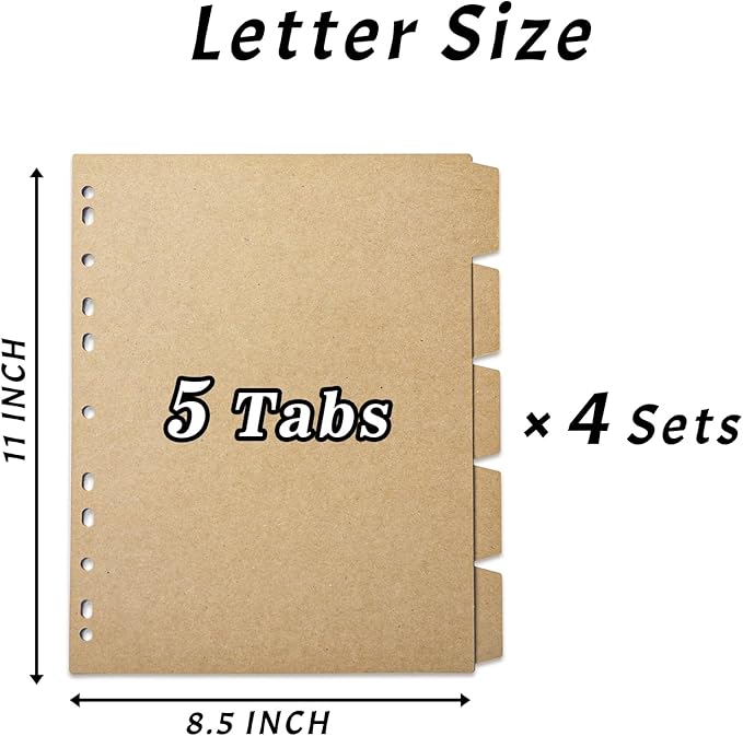 Kraft Binder Dividers,8.5 x 11 inches Binder Dividers with 5 Tabs, 20 Sheets Tab Dividers for 2/3/4 Ring Binder, Great for School Office Home Files Organizing