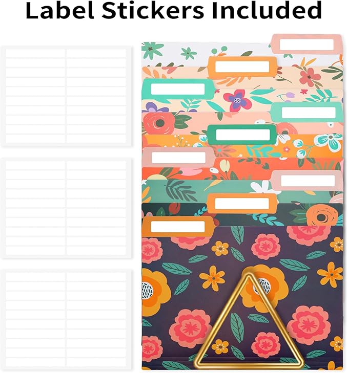 EOOUT 9pcs Decorative File Folders Letter Size, 1/3-Cut Tabs Plastic File Folders for Documents with Colorful Floral Patterns and Erasable Category Labels for Notes Office and School Supplies
