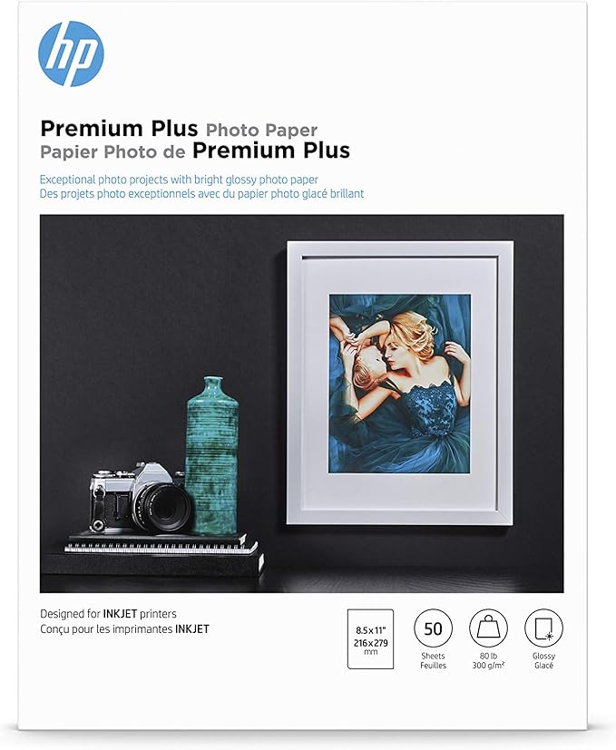 HP Premium Plus Photo Paper - Designed for HP Inkjet Printers, Glossy, 8.5x11 in, 50 sheets - (Pack of 1), (CR664A) White