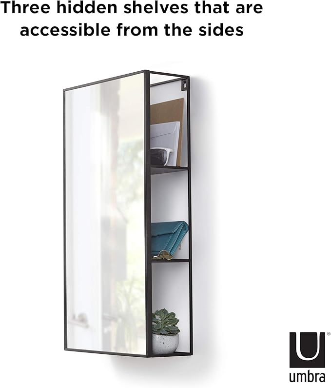 Umbra Cubiko 24x12" Rectangular Black Metal Bathroom Mirror Storage Cabinet with 3 Shelves