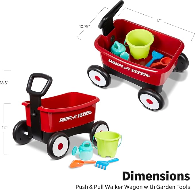 Radio Flyer My 1st Wagon 2-in-1 Walker & Pull Wagon with Beach and Garden Tools for Toddlers Ages 1-4, Red Amazon Exclusive