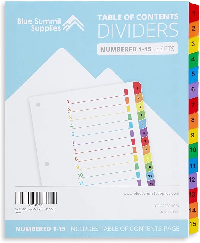 Blue Summit Supplies 15 Tab Binder Dividers for 3 Ring Binder or Notebook, Subject Dividers with Multicolor Numbered Tabs, Includes Customizable Table of Contents Index, 3 Sets