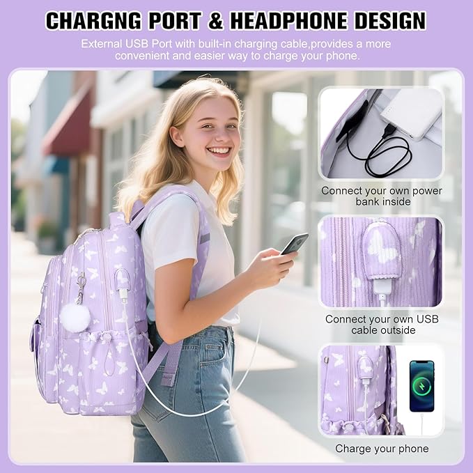 Bevalsa Backpack for Gilrs, 3PCS Corduroy Kids Backpack Set with Lunch Box & Pencil Pouch, Bookbag Daypack Laptop Bag for Women Teens Elementary Middle High School