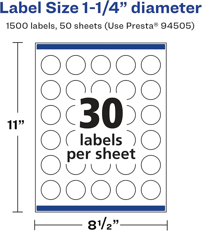 Avery Glossy White Round Labels, Sure Feed Technology, 1.25" Diameter, 1,500 Glossy White Labels, Print-to-The-Edge, Permanent Adhesive, Laser/Inkjet Printable