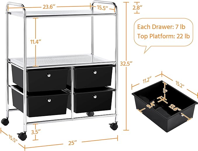 Yaheetech Rolling Storage Cart with 4 Drawers 2 Shelves Plastic Trolley on Wheels for Home Office School Beauty Salon, Black