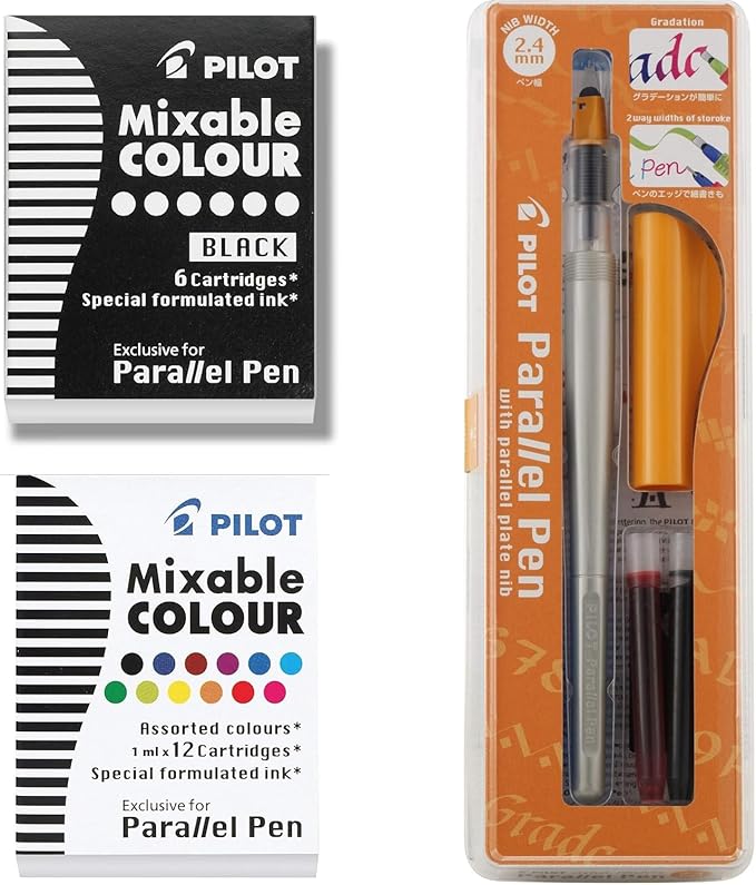 PILOT Parallel Pen 2-Color Calligraphy Pen Set with Black and Assorted Colors Ink Refills, 2.4 mm Nib, 20 Refills Total